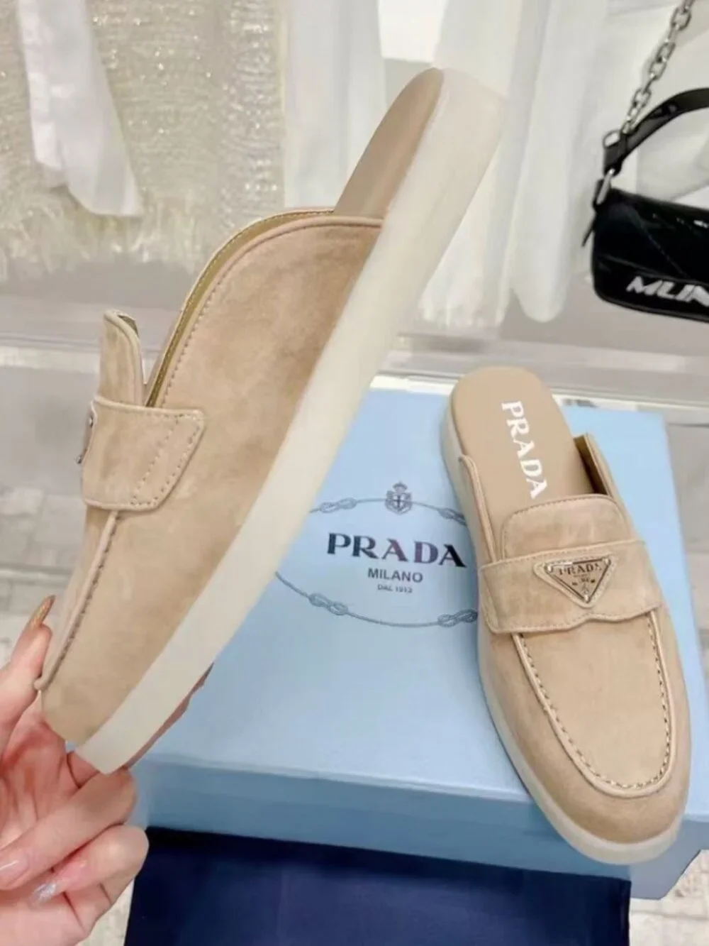 PRADA Beige Suede Triangle Logo Mule Slides